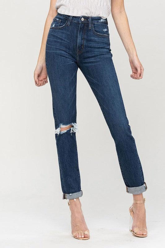 Distressed Roll Up Stretch Mom Jeans - Jeans