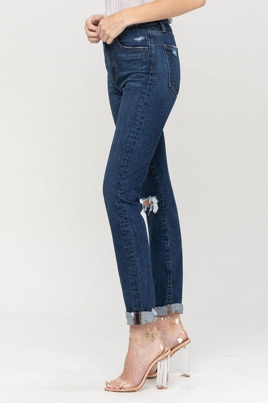 Distressed Roll Up Stretch Mom Jeans - Jeans