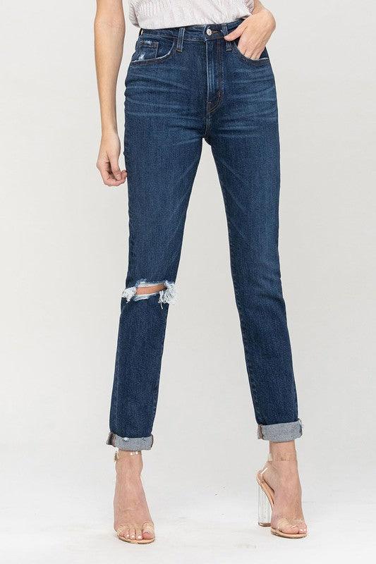 Distressed Roll Up Stretch Mom Jeans - Jeans