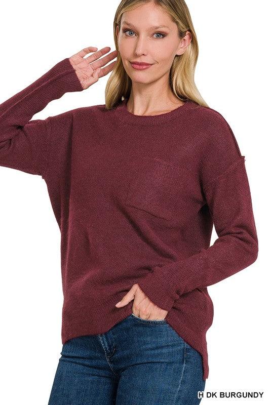 Melange Hi-Low Hem Round Neck Sweater - Sweater