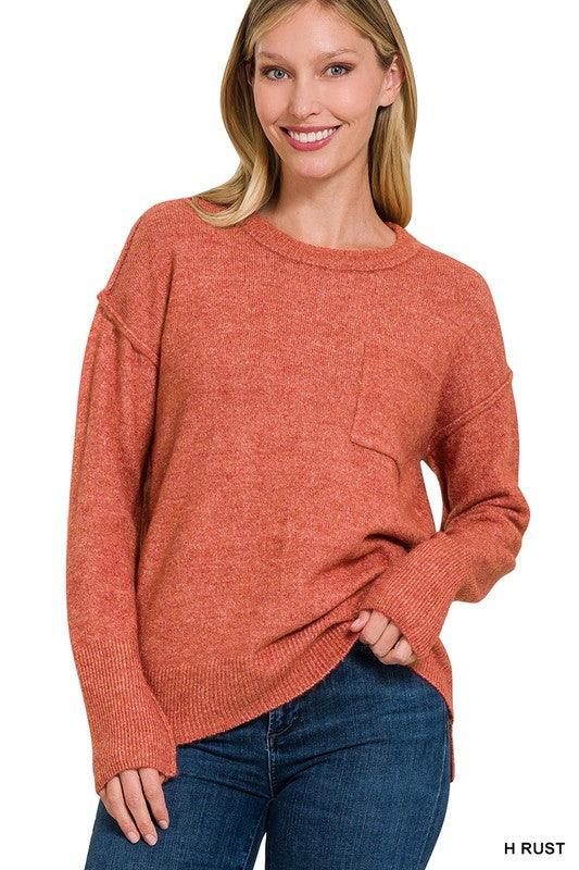 Melange Hi-Low Hem Round Neck Sweater - Sweater