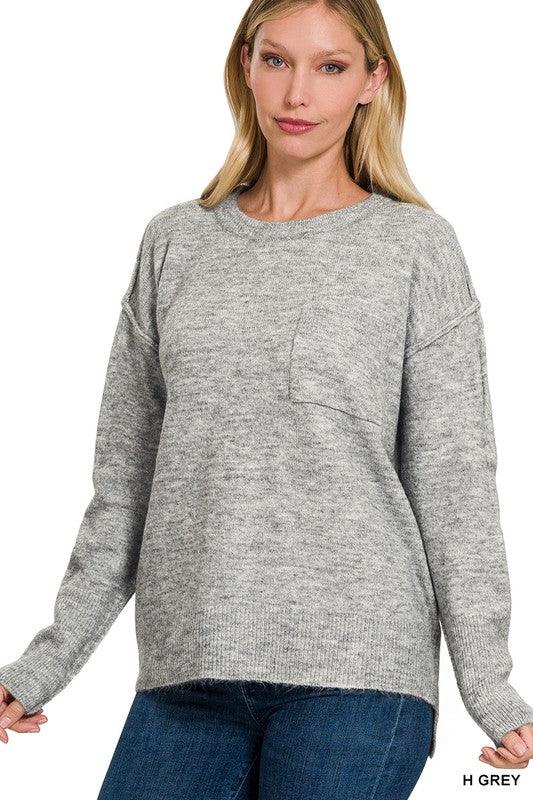 Melange Hi-Low Hem Round Neck Sweater - Sweater