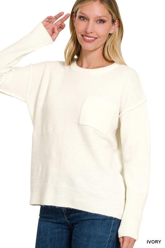 Melange Hi-Low Hem Round Neck Sweater - Sweater