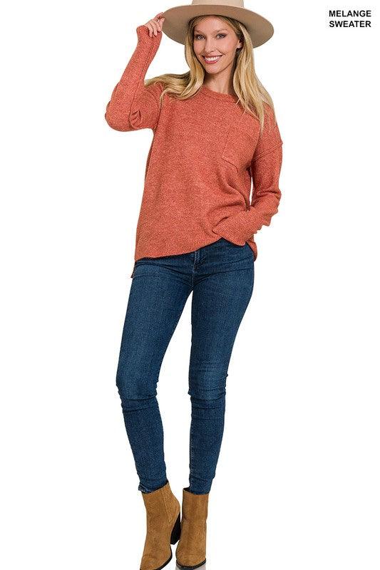 Melange Hi-Low Hem Round Neck Sweater - Sweater