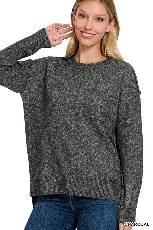 Melange Hi-Low Hem Round Neck Sweater - Sweater