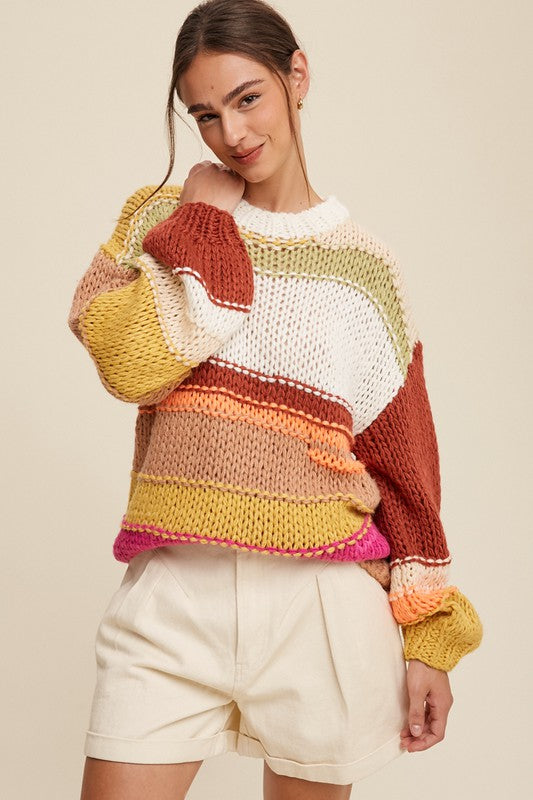 Listicle Open Mixed Knit Slouchy Hand Crochet Striped Sweater