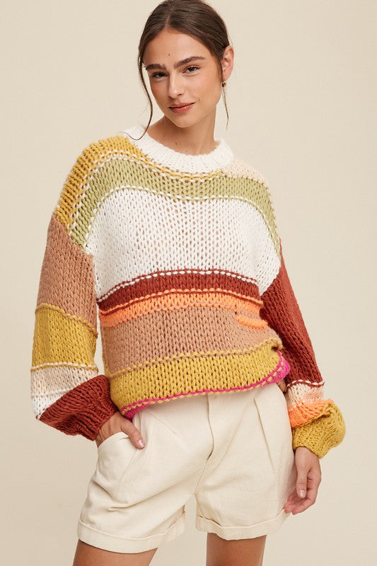 Listicle Open Mixed Knit Slouchy Hand Crochet Striped Sweater