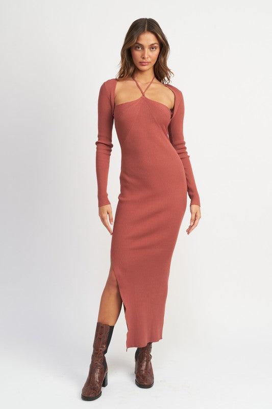 HALTER NECK MIDI DRESS WITH SLIT - Dresses