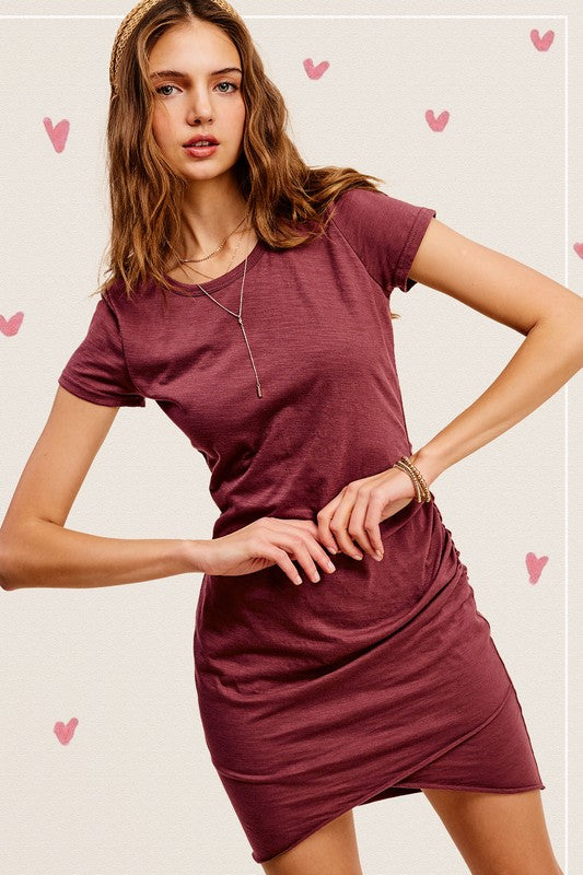 La Miel Soft Ruched Round Neck Short Sleeve Mini Dress