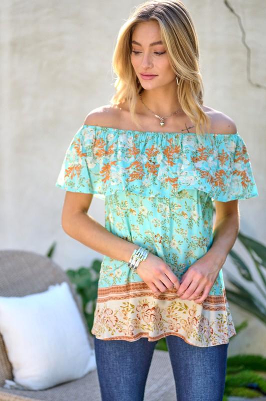 Printed Off Shoulder Smocked Top - Top