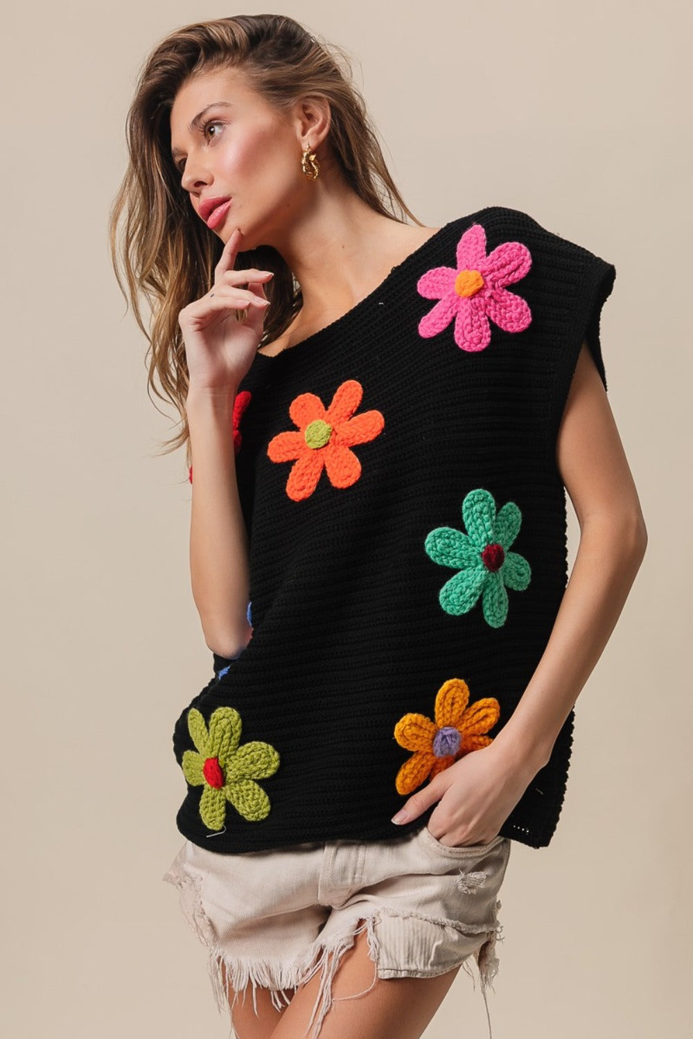 BiBi Flower Round Neck Cap Sleeve Sweater Vest