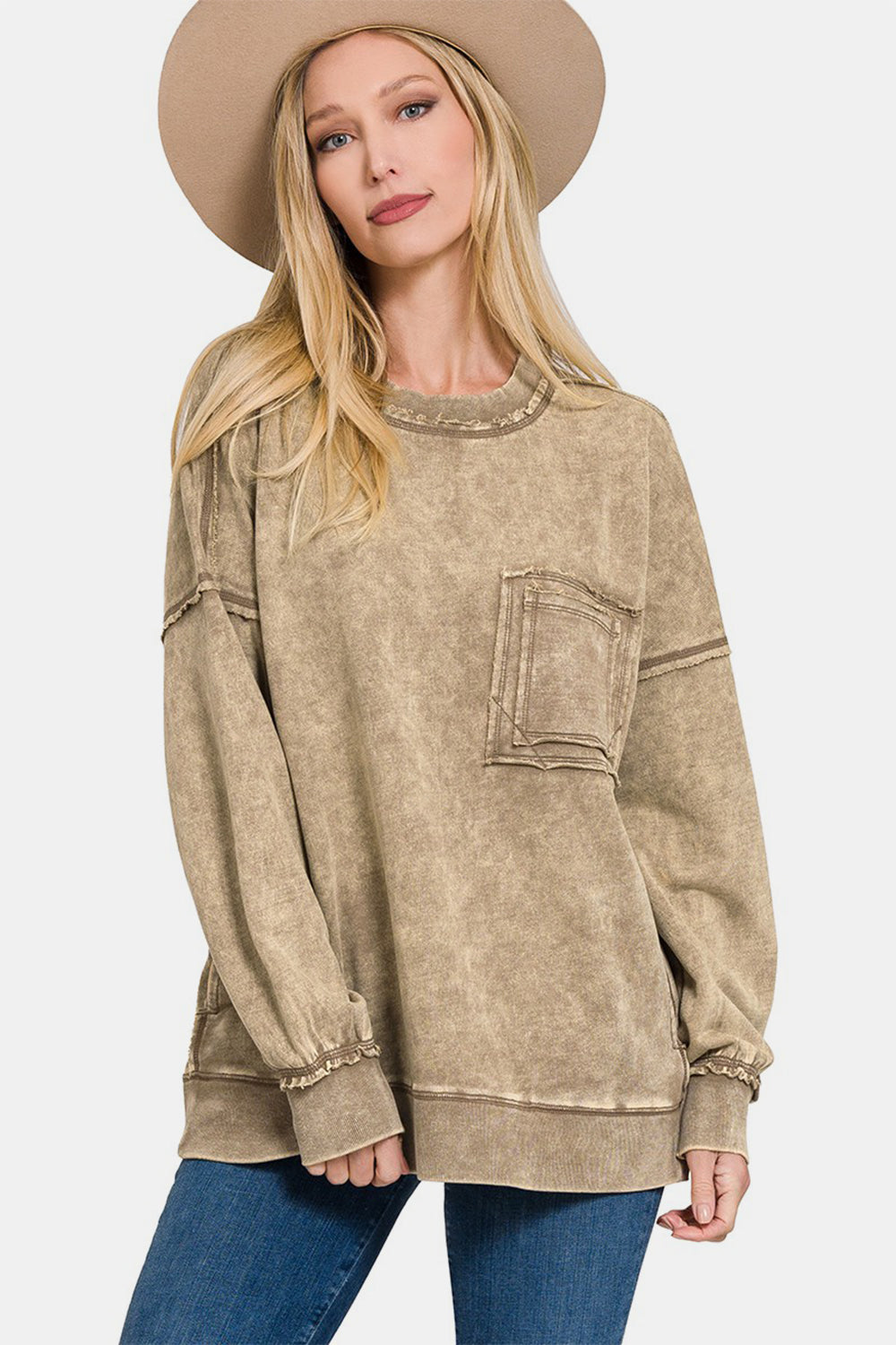 Zenana Exposed Seam Round Neck Sweatshirt