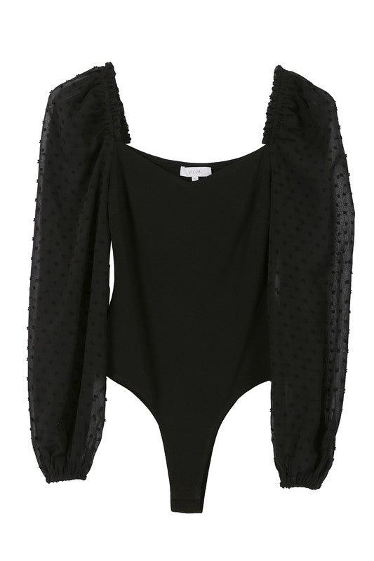 LS Swiss Dot Mesh Shirring Sleeve Bodysuit - Bodysuit