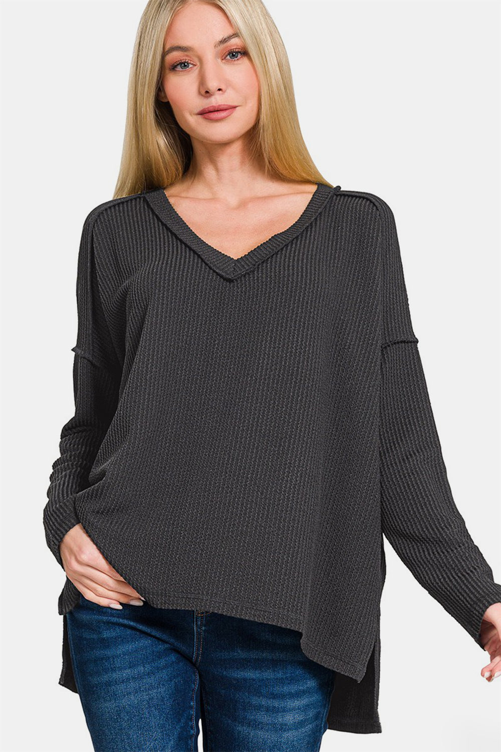 Zenana Texture Exposed Seam V-Neck Long Sleeve Top