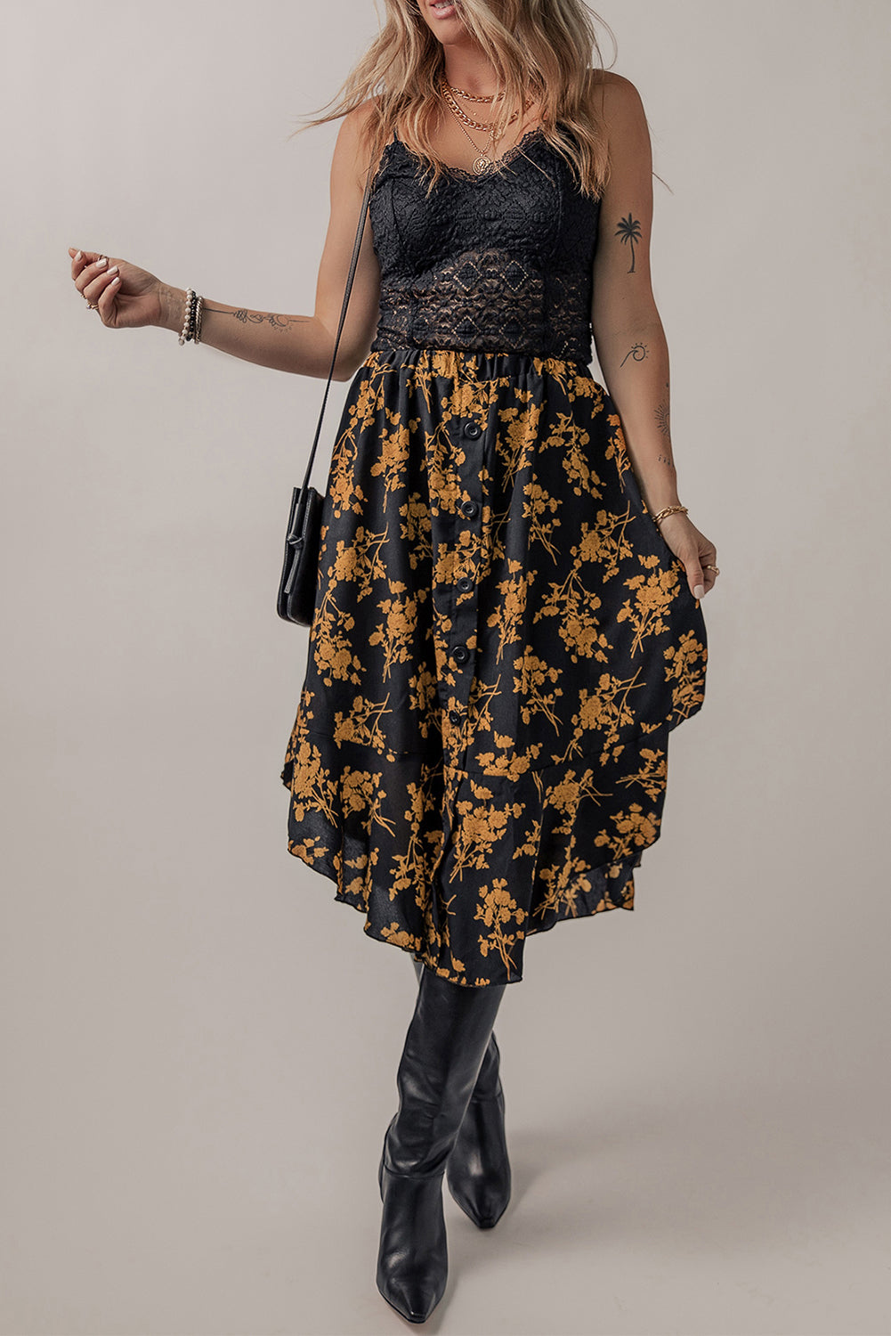 Floral Buttoned Ruffle Hem Midi Skirt