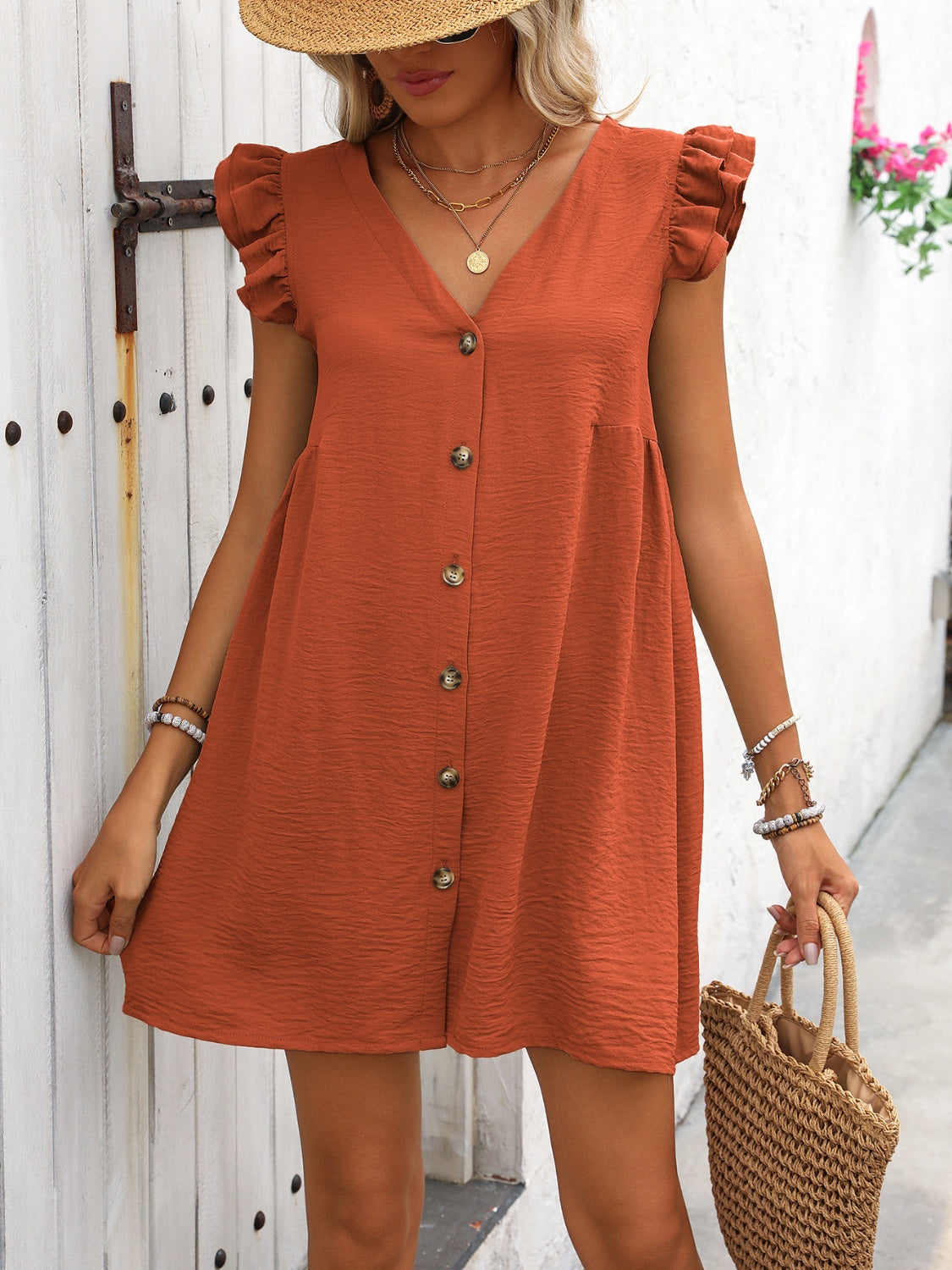 Button Up V-Neck Ruffled Cap Sleeve Mini Dress