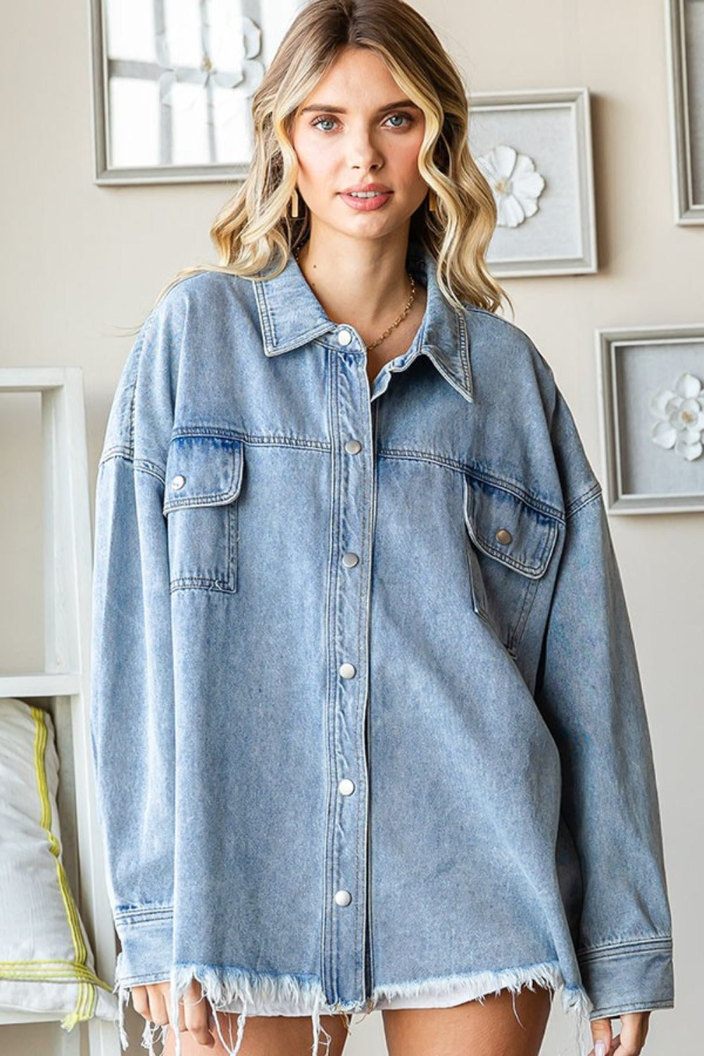 First Love Smile Face Button Down Raw Hem Denim Jacket