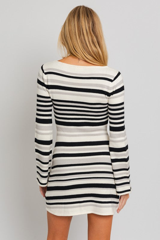 LE LIS Boat Neck Bell Sleeve Striped Sweater Dress