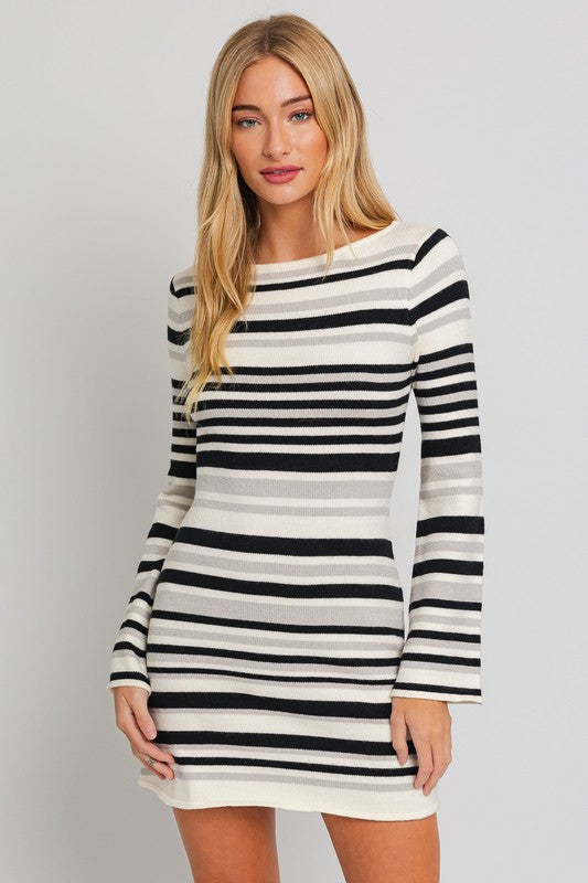 LE LIS Boat Neck Bell Sleeve Striped Sweater Dress