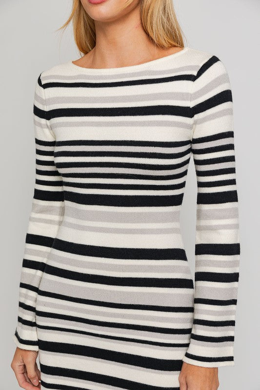 LE LIS Boat Neck Bell Sleeve Striped Sweater Dress