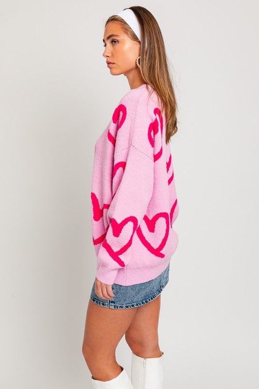 LE LIS Long Sleeve Round Neck Heart Sweater