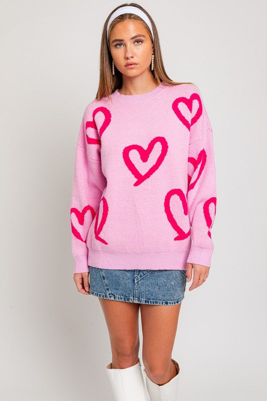 LE LIS Long Sleeve Round Neck Heart Sweater