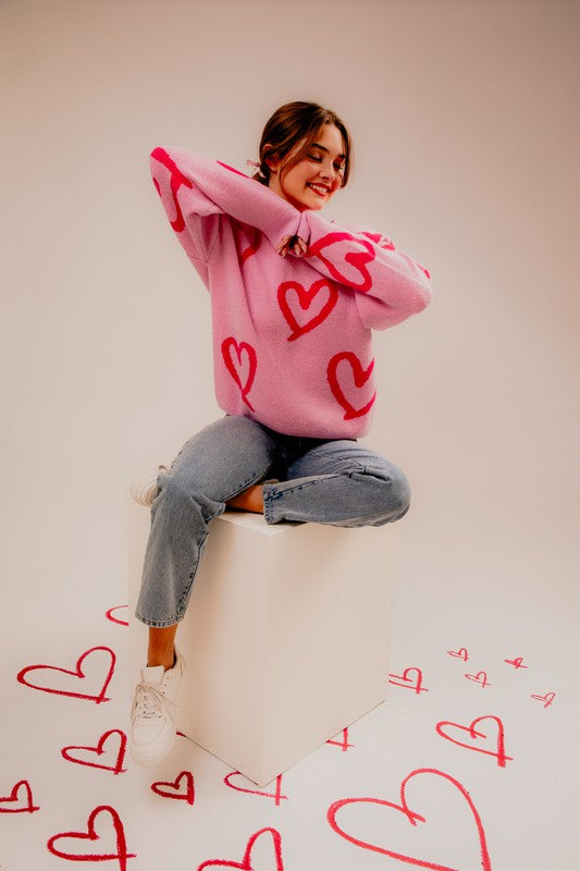 LE LIS Long Sleeve Round Neck Heart Sweater