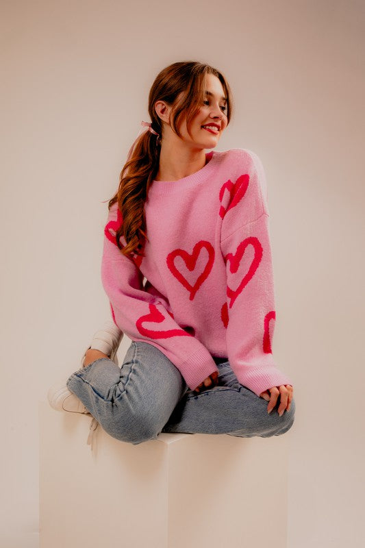 LE LIS Long Sleeve Round Neck Heart Sweater