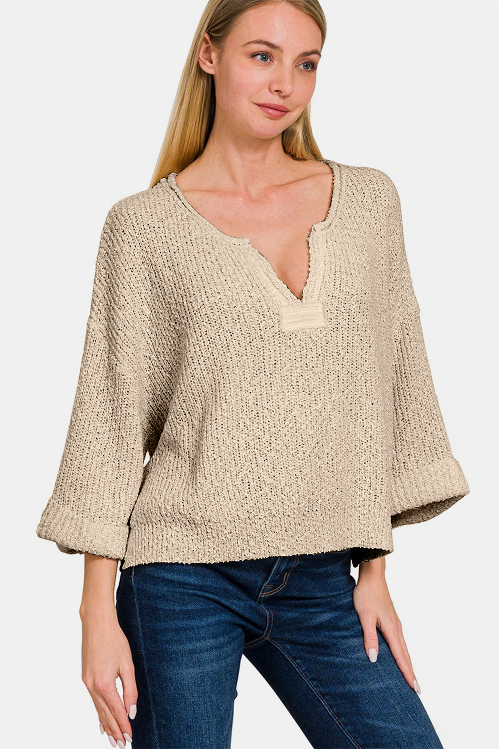 Zenana Notched Side Slit Patch Sweater