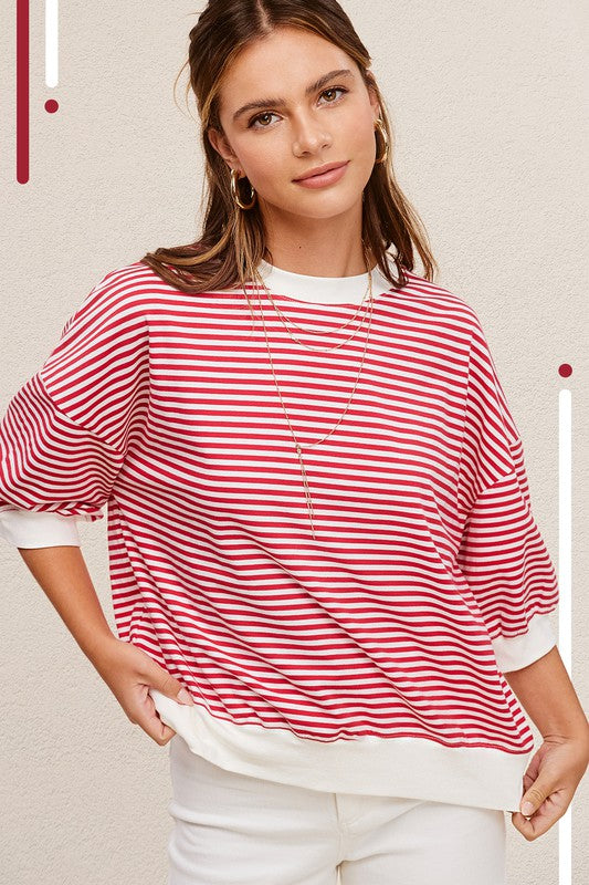 La Miel Crew Neck Stripe 3/4 Sleeve Top