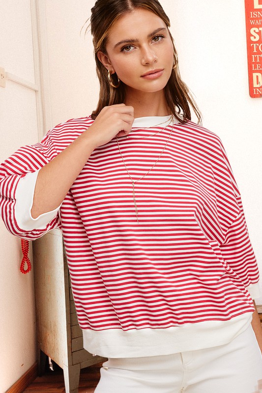 La Miel Crew Neck Stripe 3/4 Sleeve Top