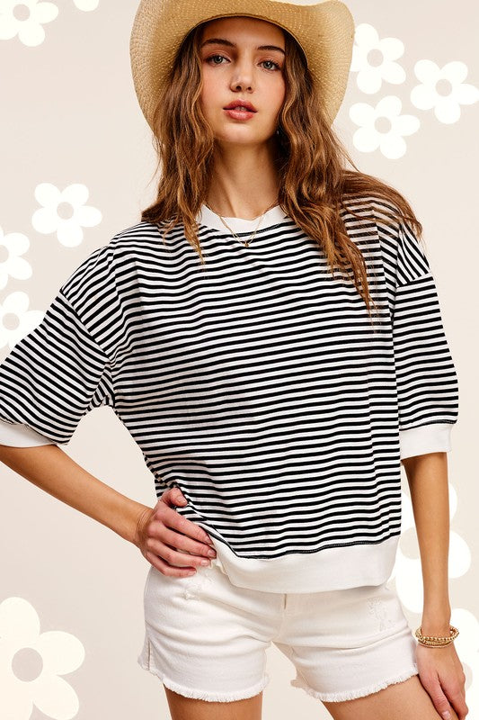 La Miel Crew Neck Stripe 3/4 Sleeve Top