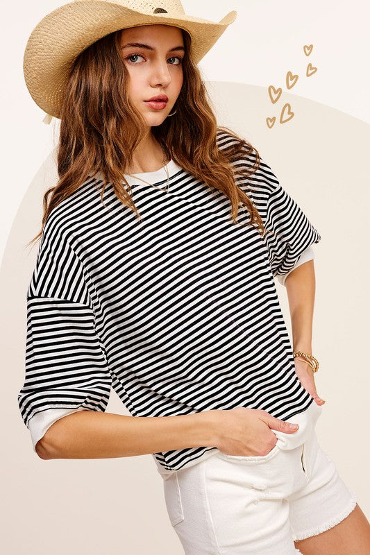 La Miel Crew Neck Stripe 3/4 Sleeve Top