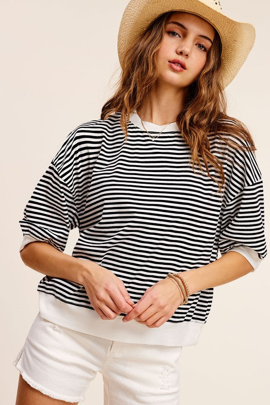 La Miel Crew Neck Stripe 3/4 Sleeve Top