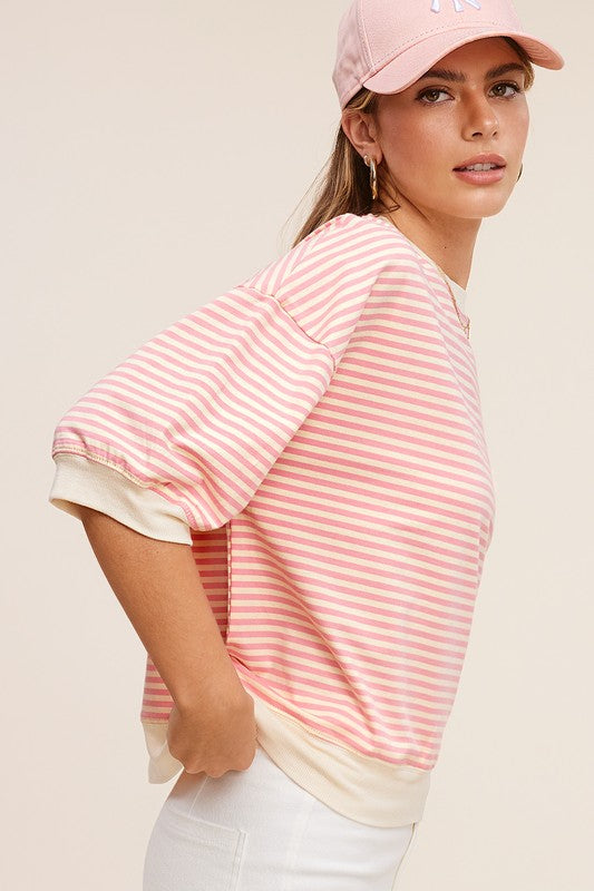 La Miel Crew Neck Stripe 3/4 Sleeve Top