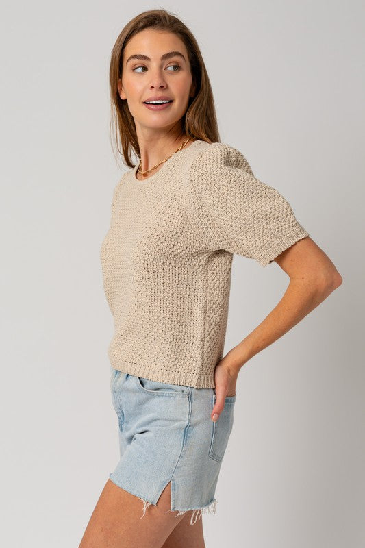 Gilli Puff Sleeve Round Neck Texture Sweater Top