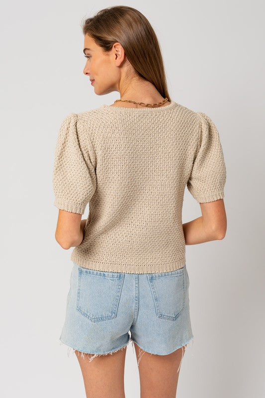 Gilli Puff Sleeve Round Neck Texture Sweater Top