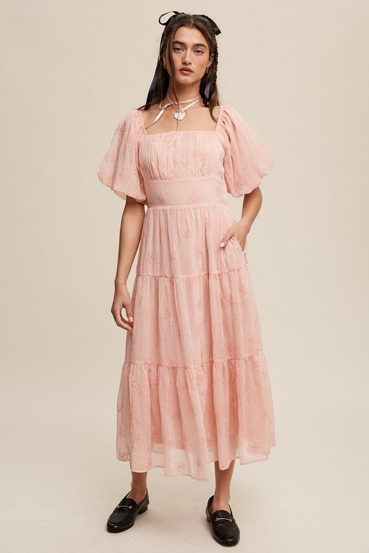 Listicle Flower Embroidered Puff Sleeve Tiered Maxi Dress