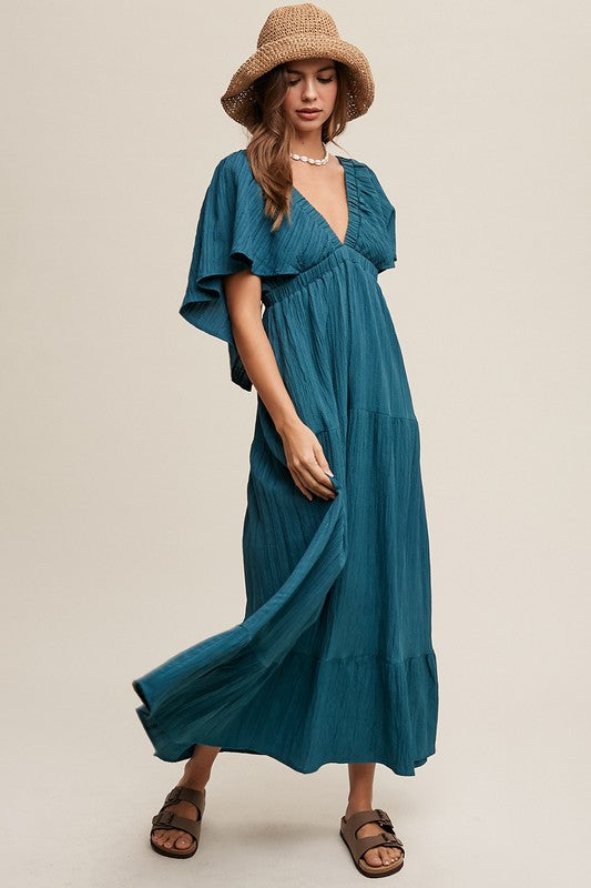 Listicle V-neck Ruffle Sleeve Flowy Maxi Dress