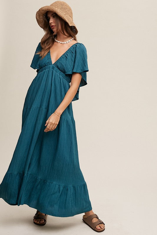 Listicle V-neck Ruffle Sleeve Flowy Maxi Dress