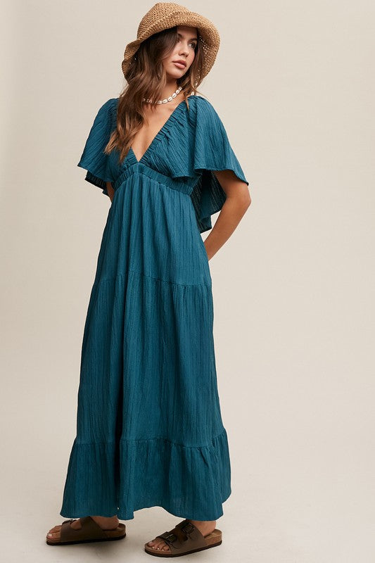 Listicle V-neck Ruffle Sleeve Flowy Maxi Dress