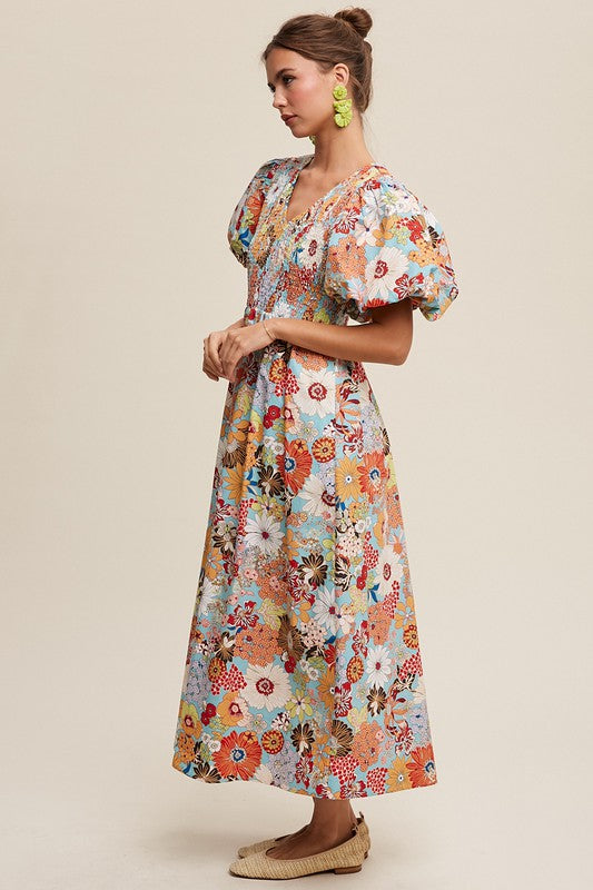 Listicle Flower Print Smocked V-neck Puff Sleeve Maxi Dress