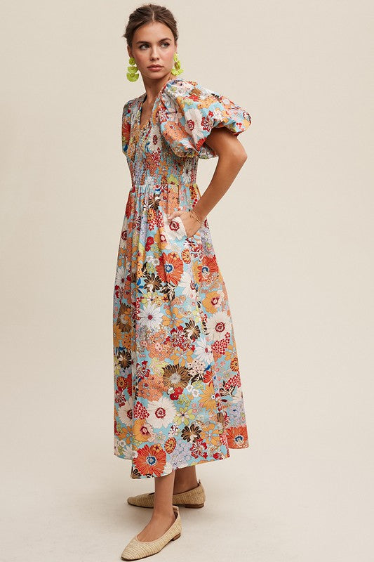 Listicle Flower Print Smocked V-neck Puff Sleeve Maxi Dress