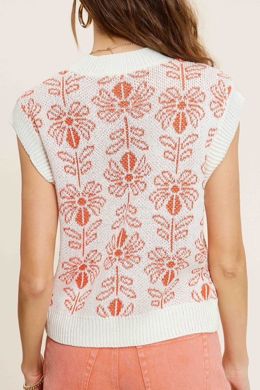 La Miel Flower Pattern Sleeveless Sweater Top