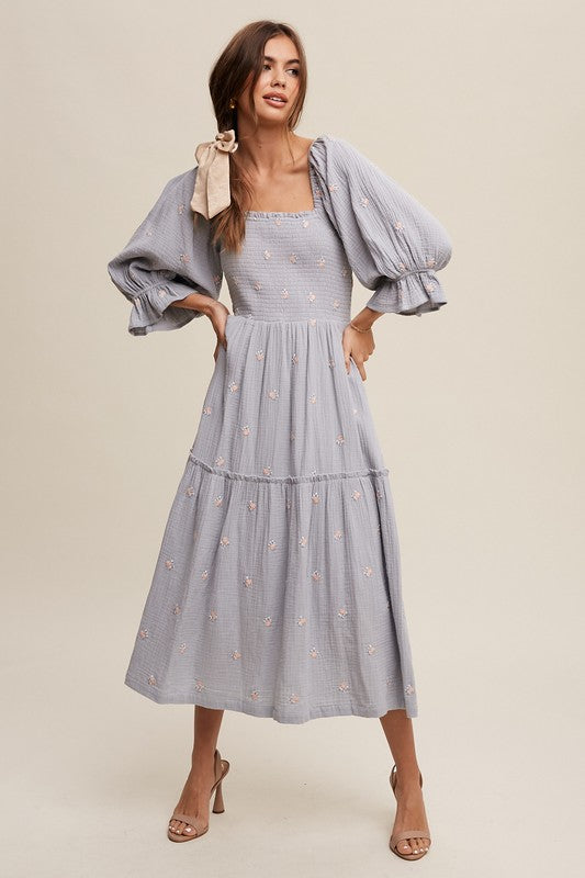 Listicle Ditzy Floral Embroidery Puff Sleeve Midi Dress