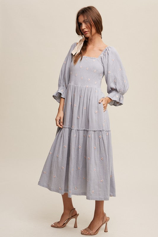 Listicle Ditzy Floral Embroidery Puff Sleeve Midi Dress