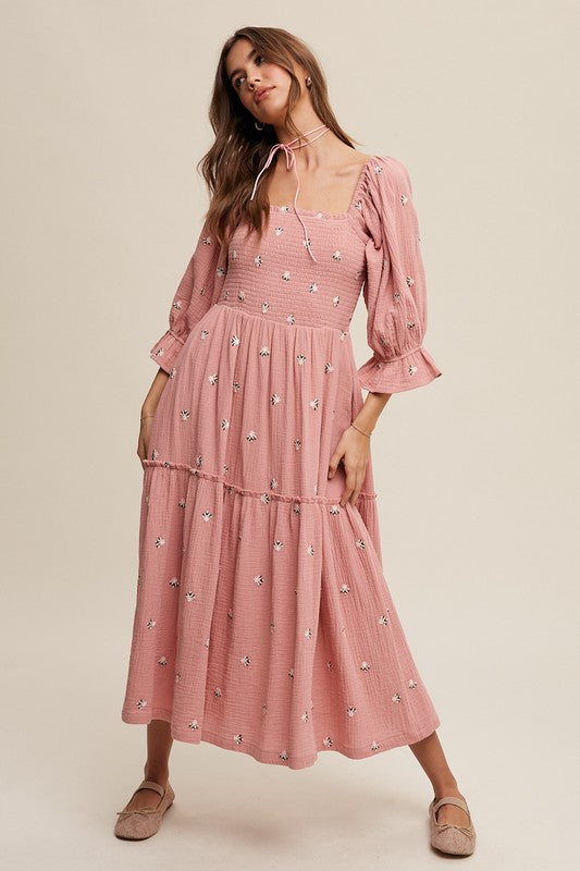 Listicle Ditzy Floral Embroidery Puff Sleeve Midi Dress