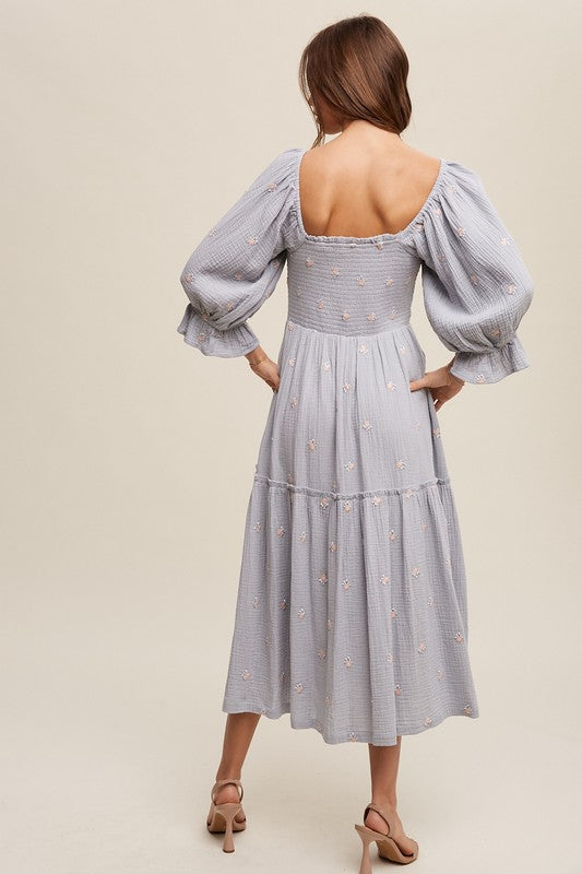 Listicle Ditzy Floral Embroidery Puff Sleeve Midi Dress