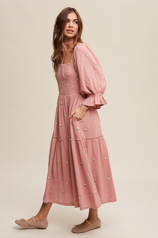 Listicle Ditzy Floral Embroidery Puff Sleeve Midi Dress