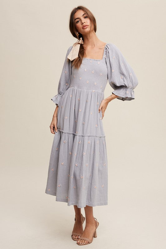 Listicle Ditzy Floral Embroidery Puff Sleeve Midi Dress